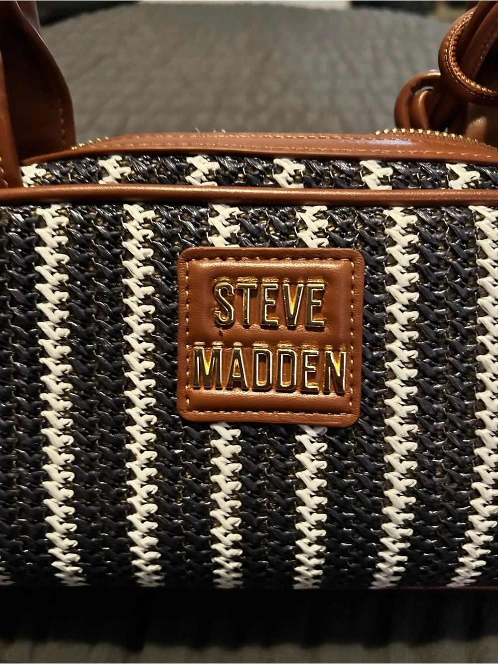 Steve Madden Black & White Striped Shoulder Bag with Brown Trim